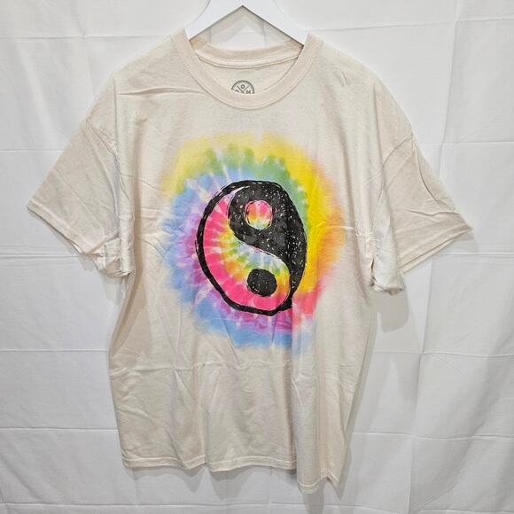 DOM Tie Dye Graphic Yin and Yang Short Sleeve Cream Colorful Tee Size XL - Picture 1 of 6
